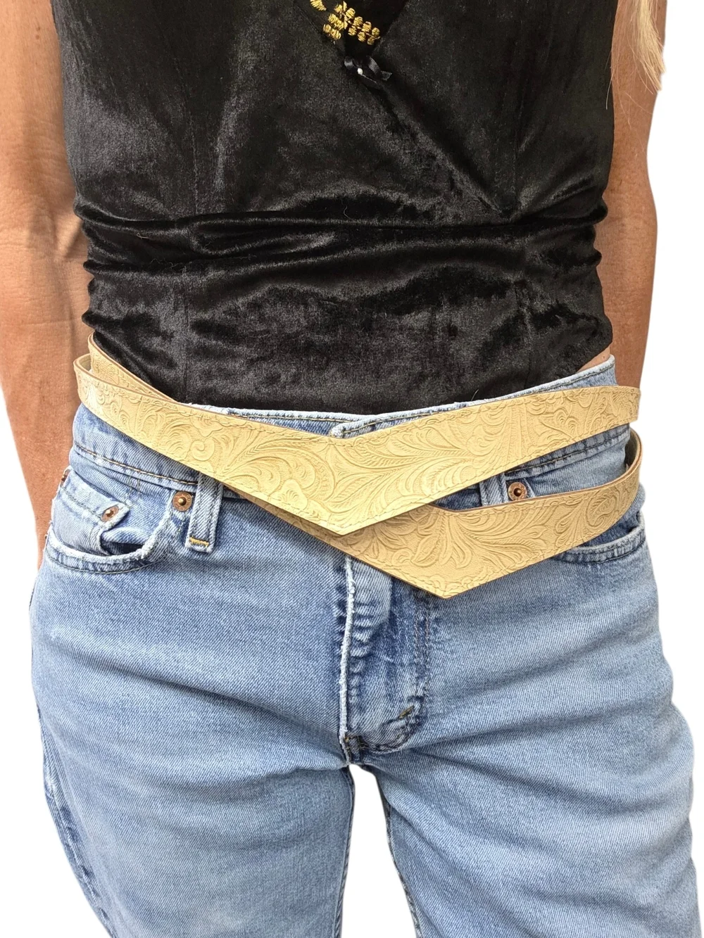 Vintage 80s Tan Embossed Wide Waist Belt Western Statement